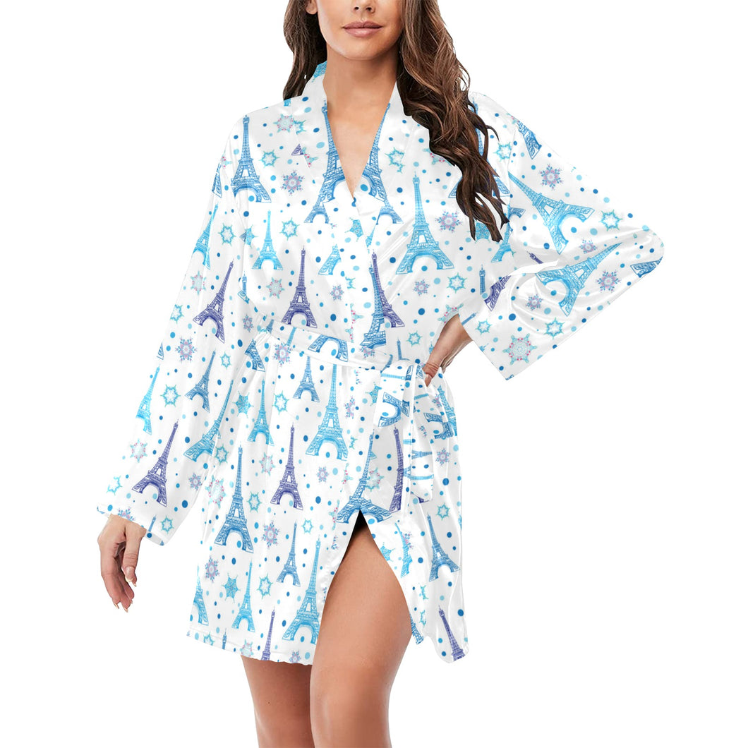 Blue Eiffel Tower Theme Pattern Print Design 01 Women's Long Sleeve Belted Night Robe