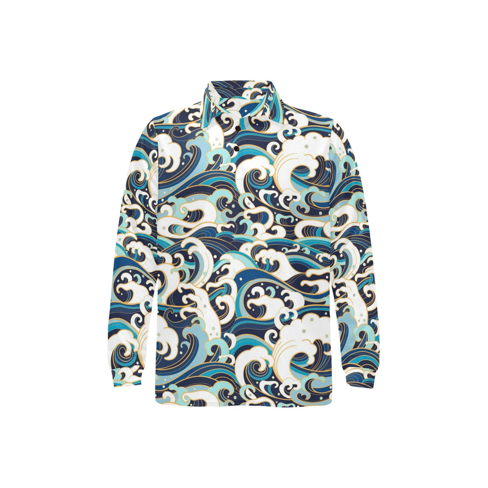 Japanese wave pattern Men's Long Sleeve Polo Shirt