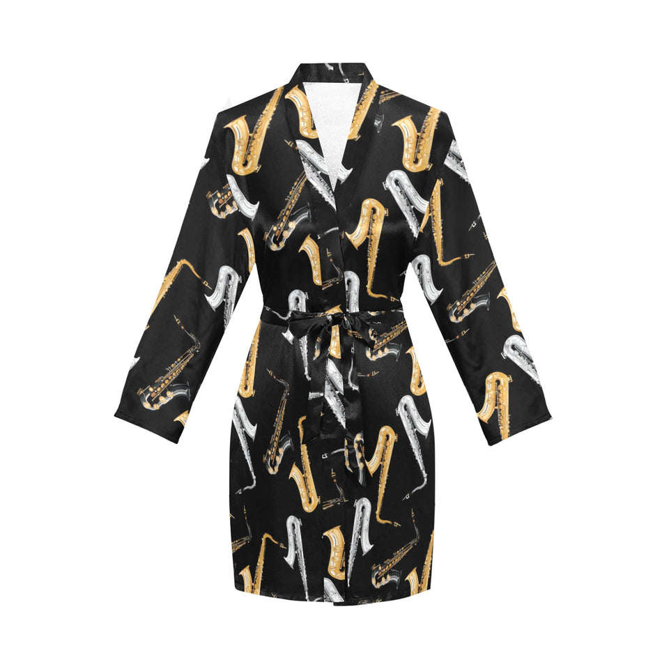 saxophone design pattern Women's Long Sleeve Belted Night Robe