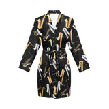 saxophone design pattern Women's Long Sleeve Belted Night Robe