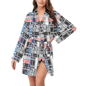 Skate Board Pattern Print Design 04 Women's Long Sleeve Belted Night Robe