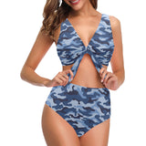 Blue camouflage pattern Chest Bowknot High Waisted Bikini Swimsuit