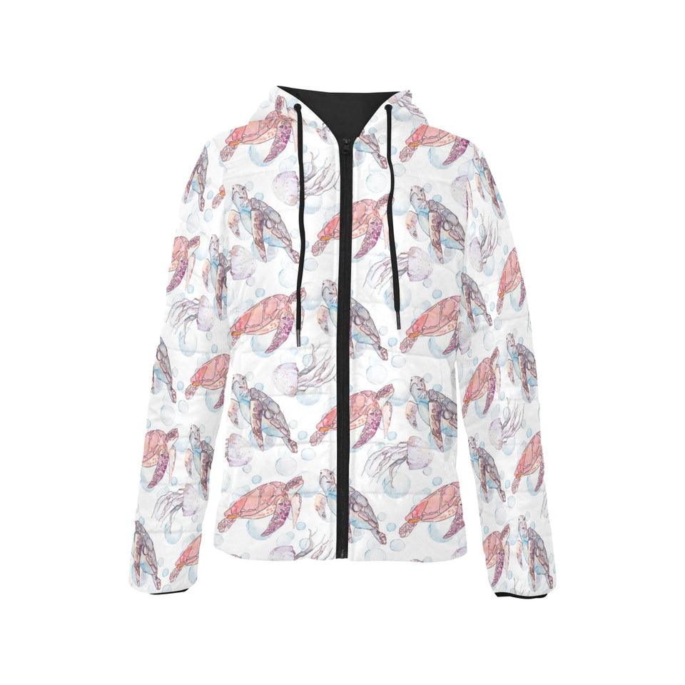 Watercolor sea turtle jellyfish pattern Women's Padded Hooded Jacket