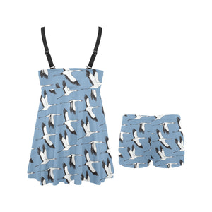Seagull Pattern Print Design 04 Chest Sexy Pleated Two Piece Swim Dress