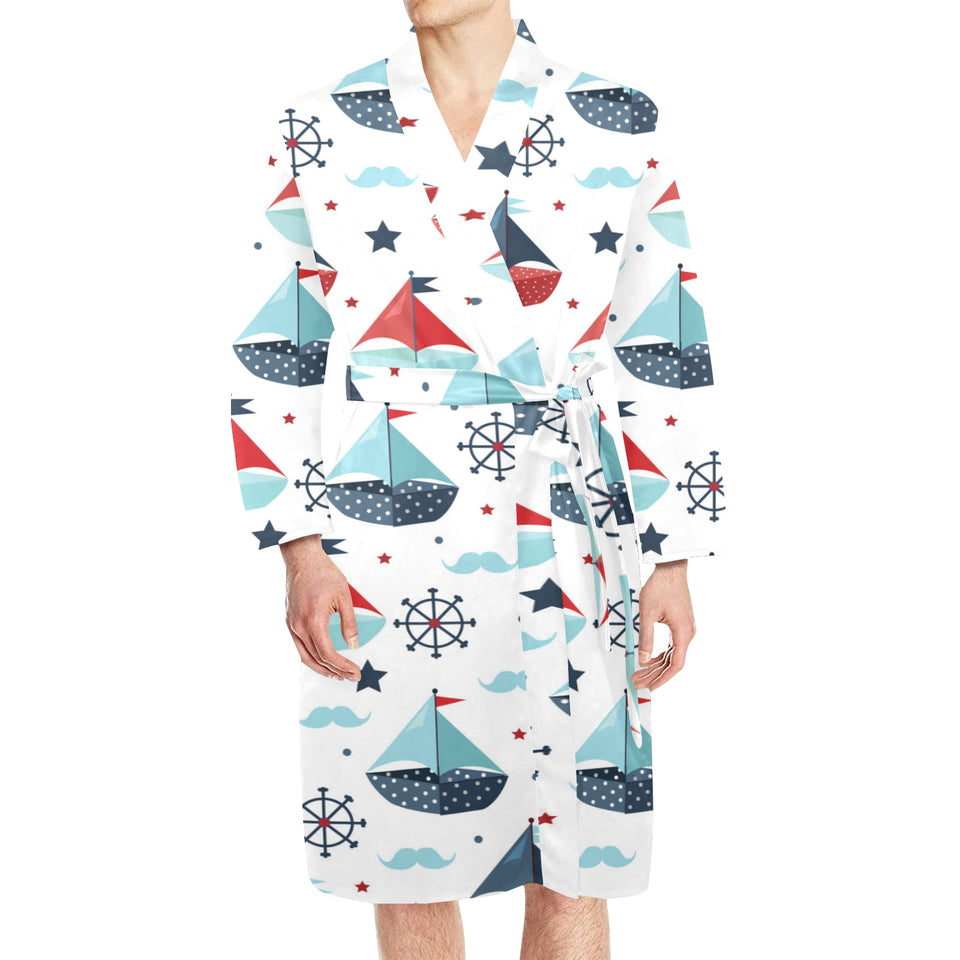 Cute color paper sailboat pattern Men's Long Sleeve Belted Night Robe