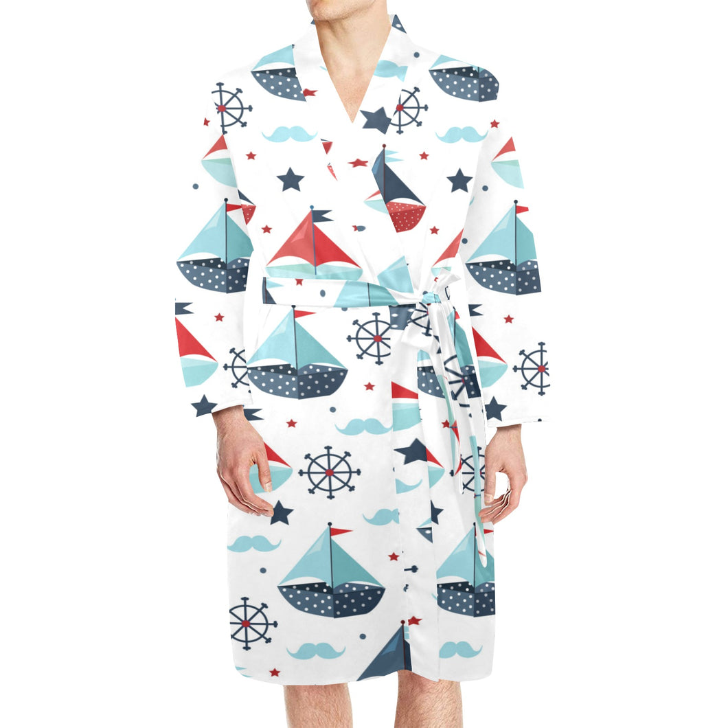 Cute color paper sailboat pattern Men's Long Sleeve Belted Night Robe