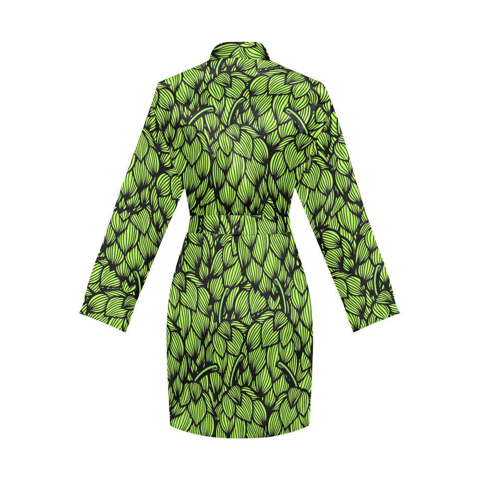 Green hop pattern Women's Long Sleeve Belted Night Robe