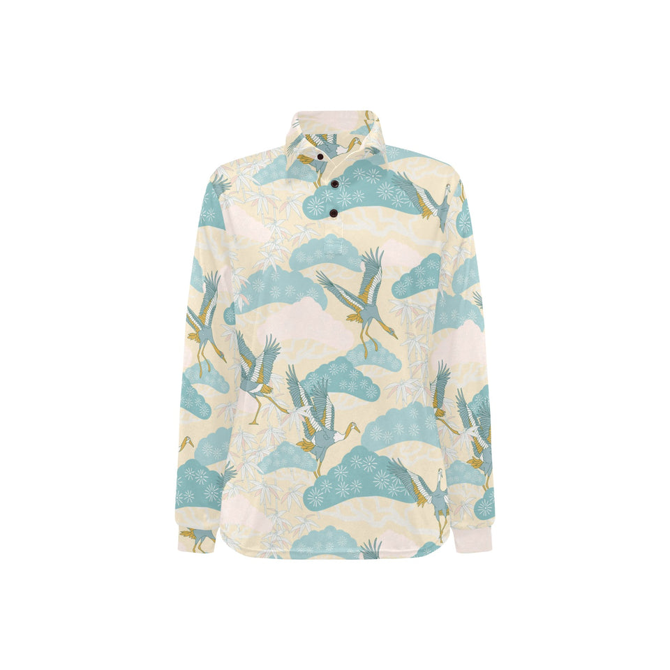Bonsai bamboo stork japanese pattern cream theme Women's Long Sleeve Polo Shirt