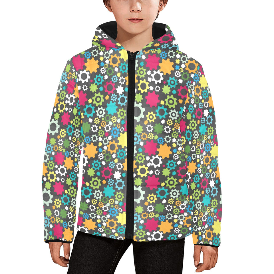 Gear Pattern Print Design 03 Kids' Boys' Girls' Padded Hooded Jacket