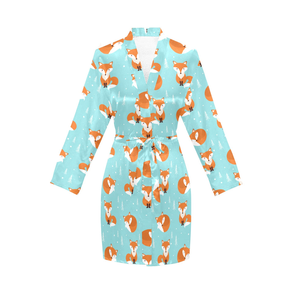 Fox pattern blue b ackground Women's Long Sleeve Belted Night Robe