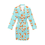 Fox pattern blue b ackground Women's Long Sleeve Belted Night Robe