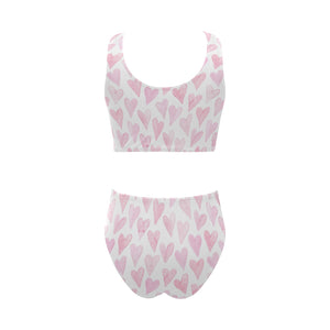 Watercolor pink heart pattern Chest Bowknot High Waisted Bikini Swimsuit