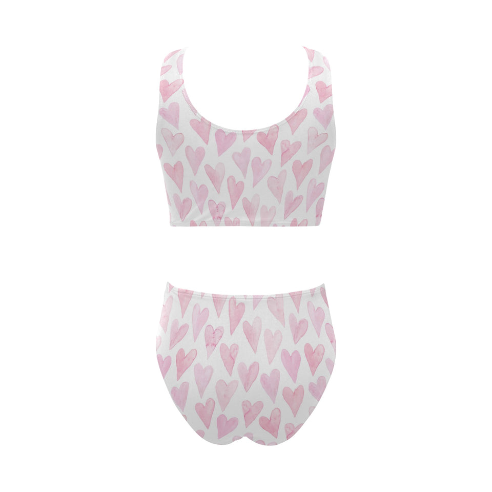 Watercolor pink heart pattern Chest Bowknot High Waisted Bikini Swimsuit