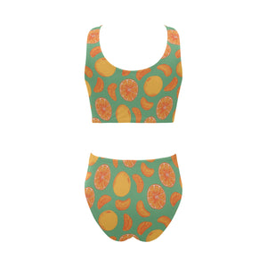 orange fruit pattern green background Chest Bowknot High Waisted Bikini Swimsuit