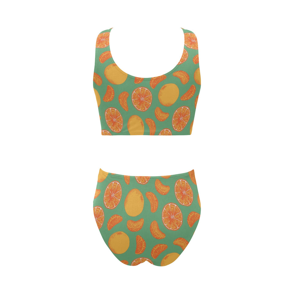 orange fruit pattern green background Chest Bowknot High Waisted Bikini Swimsuit