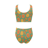 orange fruit pattern green background Chest Bowknot High Waisted Bikini Swimsuit