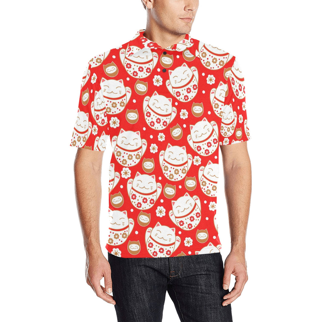 Cute Maneki neko cat red background Men's All Over Print Polo Shirt