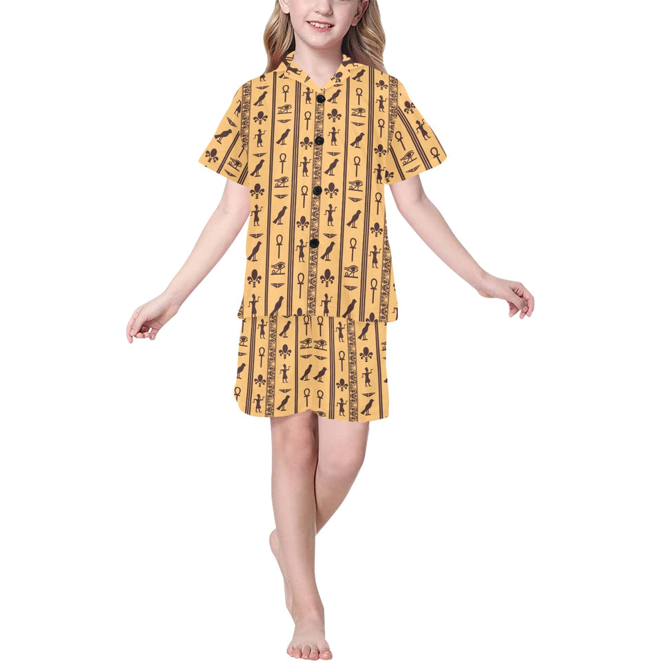 Egypt Hieroglyphics Pattern Print Design 02 Kids' Boys' Girls' V-Neck Short Pajama Set