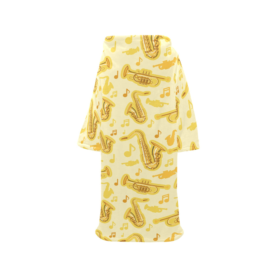 Saxophone cornet pattern yellow background Blanket Robe with Sleeves