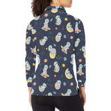 Cute sloth astronaut star planet rocket pattern Women's Long Sleeve Polo Shirt