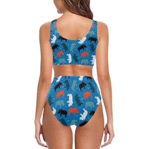 Colorful rhino pattern Chest Bowknot High Waisted Bikini Swimsuit