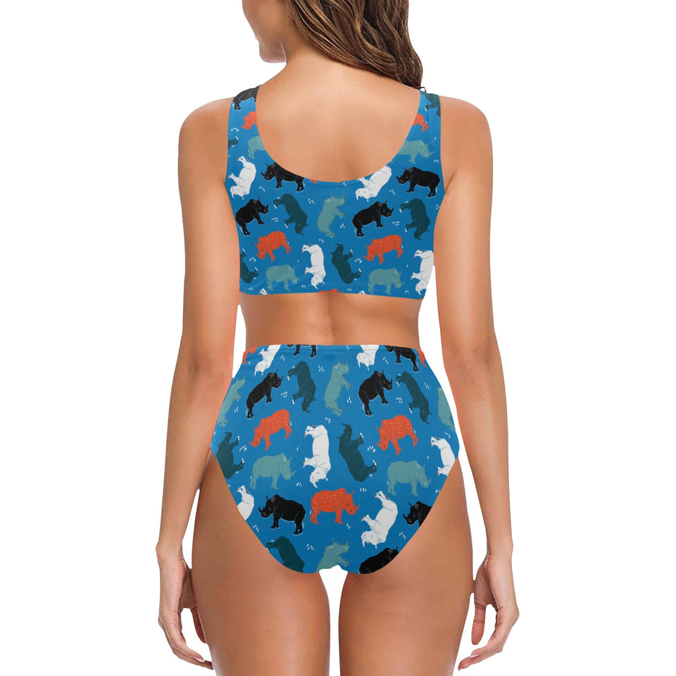 Colorful rhino pattern Chest Bowknot High Waisted Bikini Swimsuit