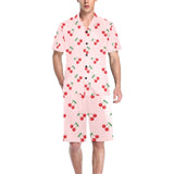 cherry pattern pink background Men's V-Neck Short Pajama Set