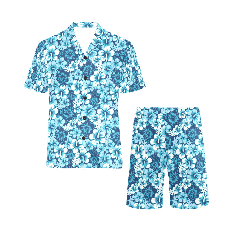 Hibiscus Pattern Print Design 03 Men's V-Neck Short Pajama Set