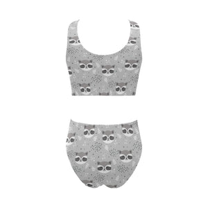 Cute raccoons leaves dot Chest Bowknot High Waisted Bikini Swimsuit