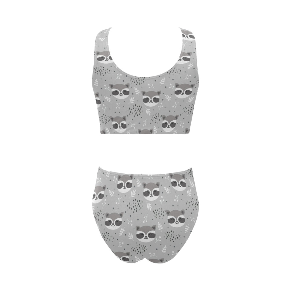 Cute raccoons leaves dot Chest Bowknot High Waisted Bikini Swimsuit