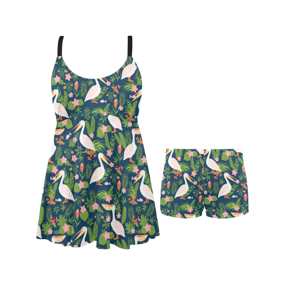 Pelican Pattern Print Design 05 Chest Sexy Pleated Two Piece Swim Dress