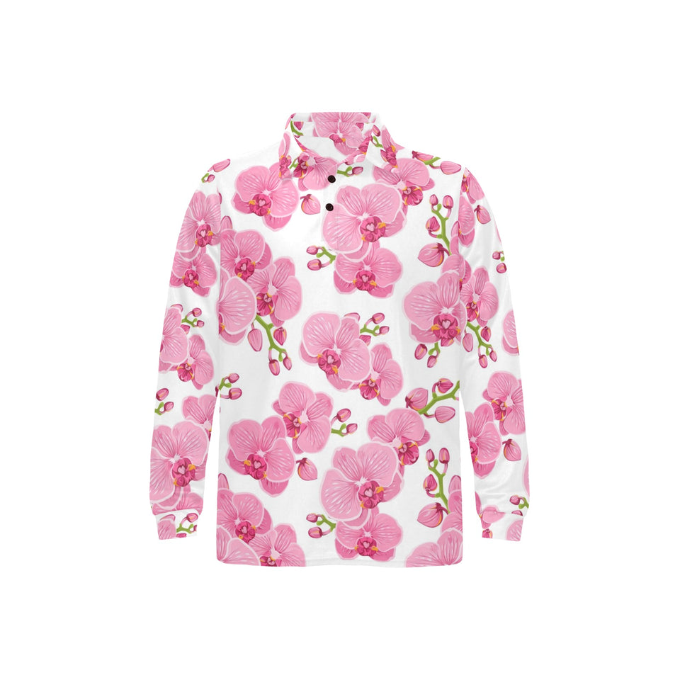 pink purple orchid pattern background Men's Long Sleeve Polo Shirt