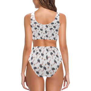 Ostrich Pattern Print Design 02 Chest Bowknot High Waisted Bikini Swimsuit