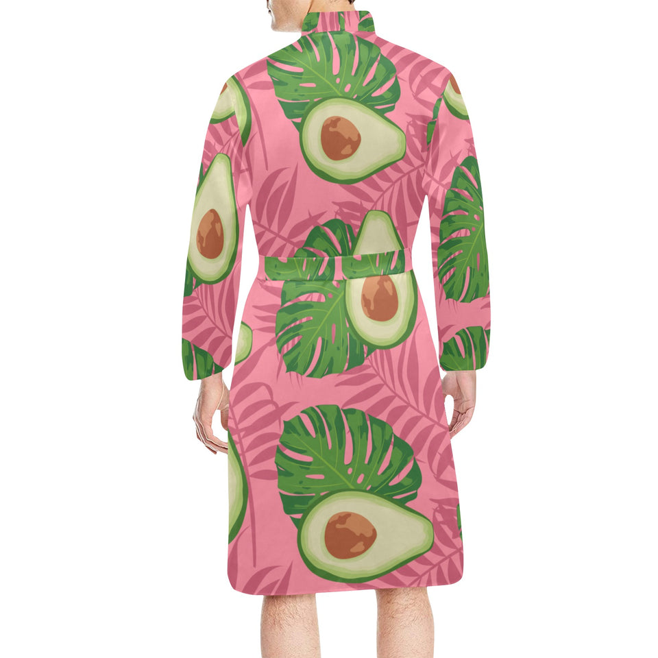 Avocado slices leaves pink back ground Men's Long Sleeve Belted Night Robe