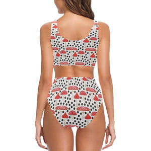 Red mushroom dot pattern Chest Bowknot High Waisted Bikini Swimsuit