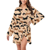 Dachshund floral background Women's Long Sleeve Belted Night Robe