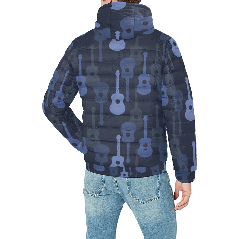 Blue Theme guitar pattern Men's Padded Hooded Jacket