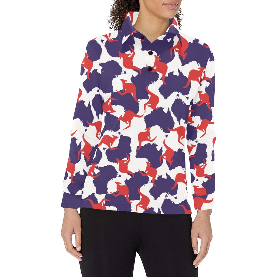 Kangaroo Australian pattern Women's Long Sleeve Polo Shirt
