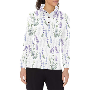Hand painting Watercolor Lavender Women's Long Sleeve Polo Shirt