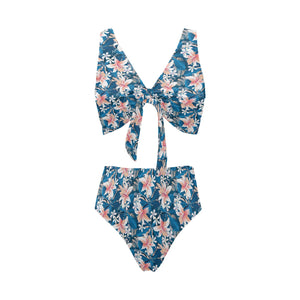 Hibiscus Pattern Print Design 02 Chest Bowknot High Waisted Bikini Swimsuit
