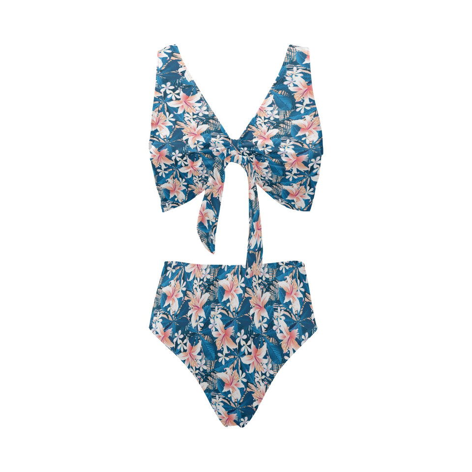 Hibiscus Pattern Print Design 02 Chest Bowknot High Waisted Bikini Swimsuit
