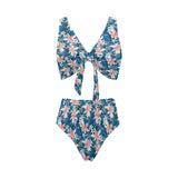 Hibiscus Pattern Print Design 02 Chest Bowknot High Waisted Bikini Swimsuit