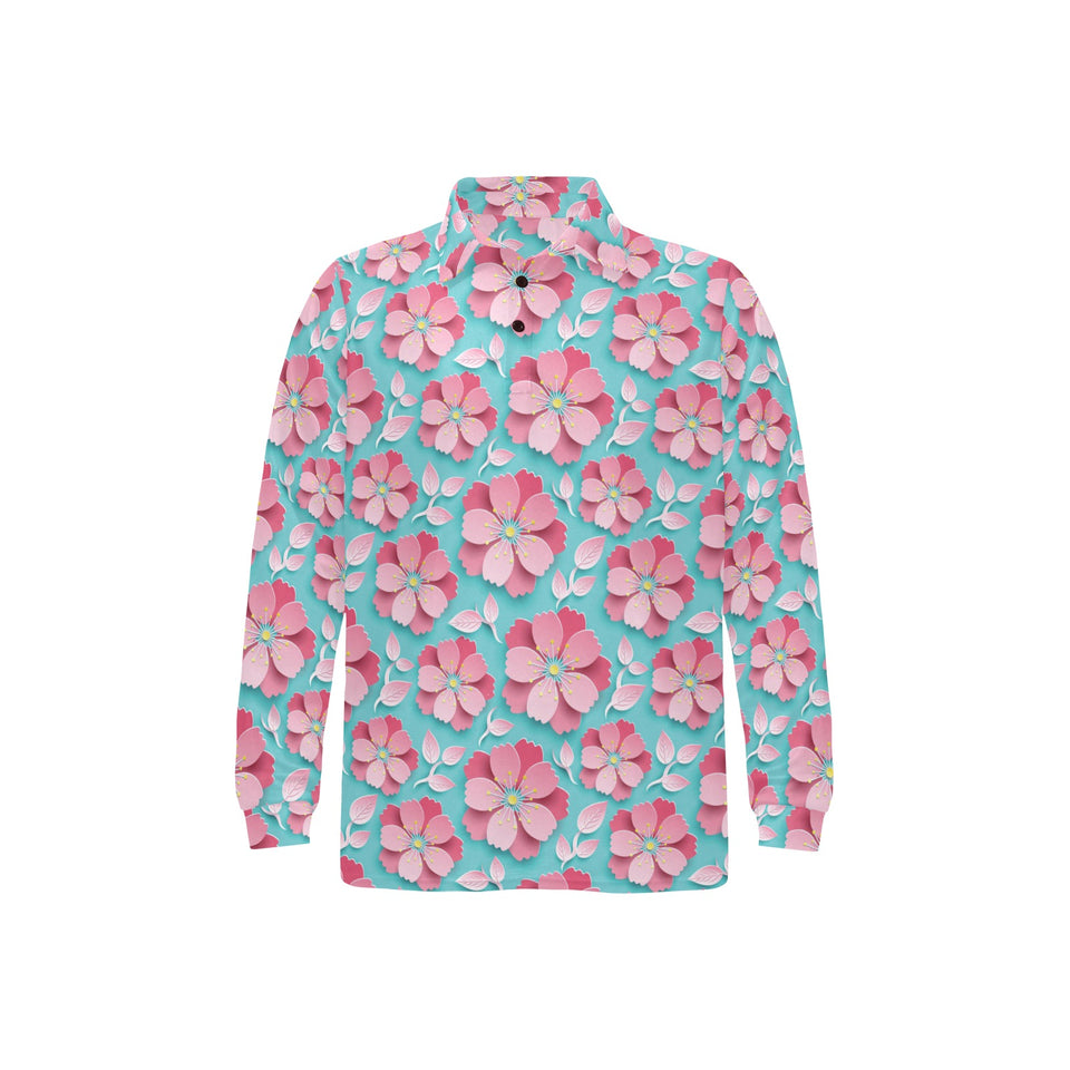 3D sakura cherry blossom pattern Men's Long Sleeve Polo Shirt