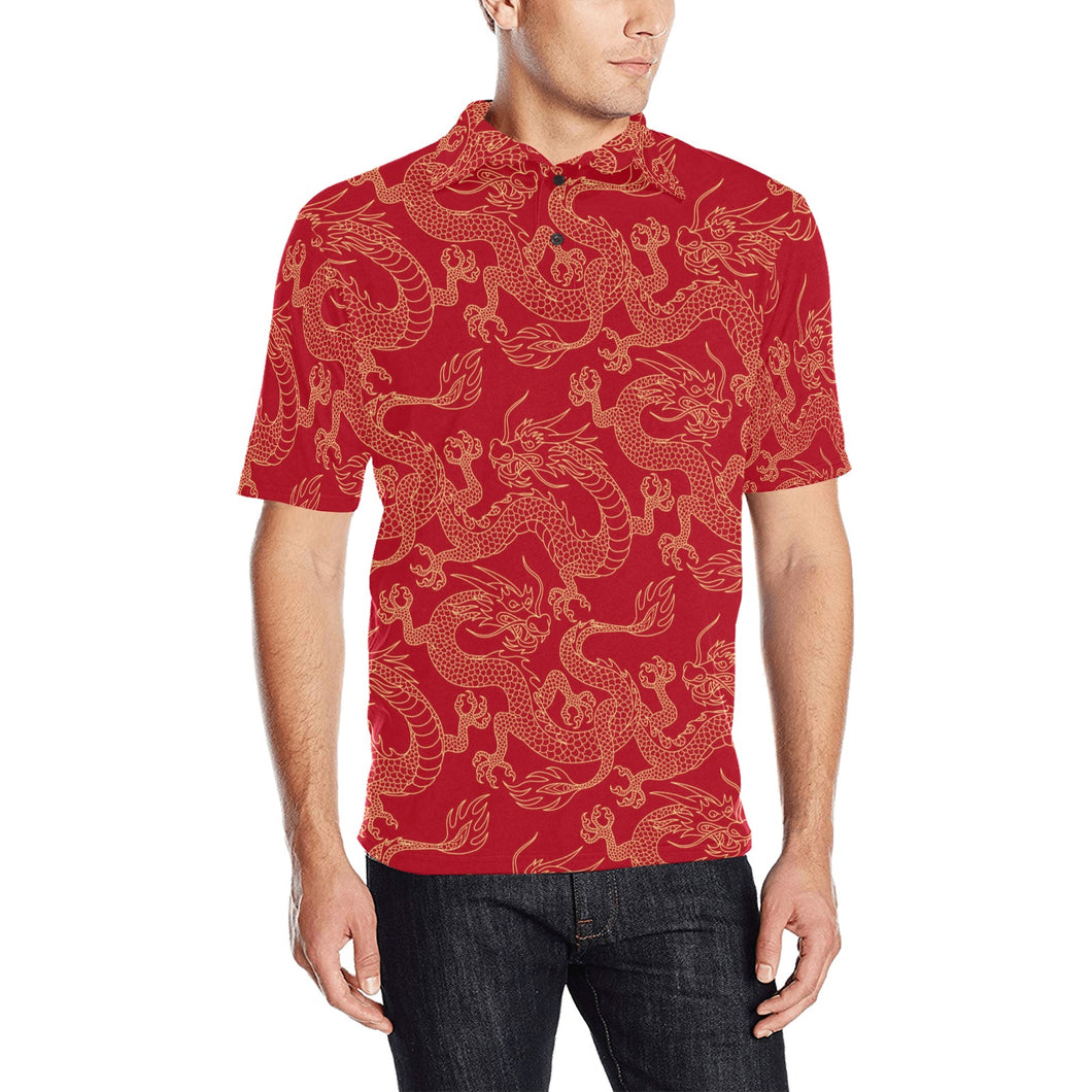 Gold dragons red background Men's All Over Print Polo Shirt