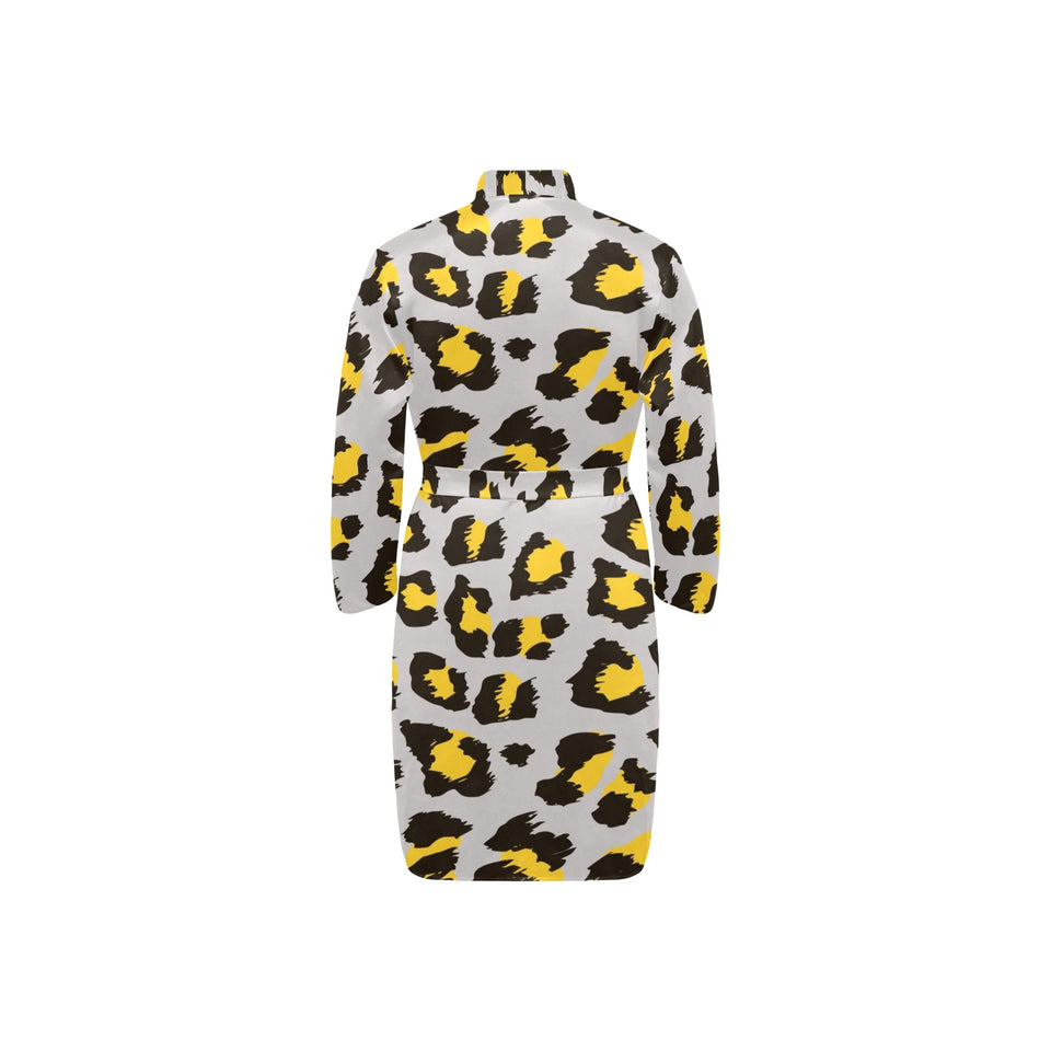 Gray Leopard print pattern Men's Long Sleeve Belted Night Robe