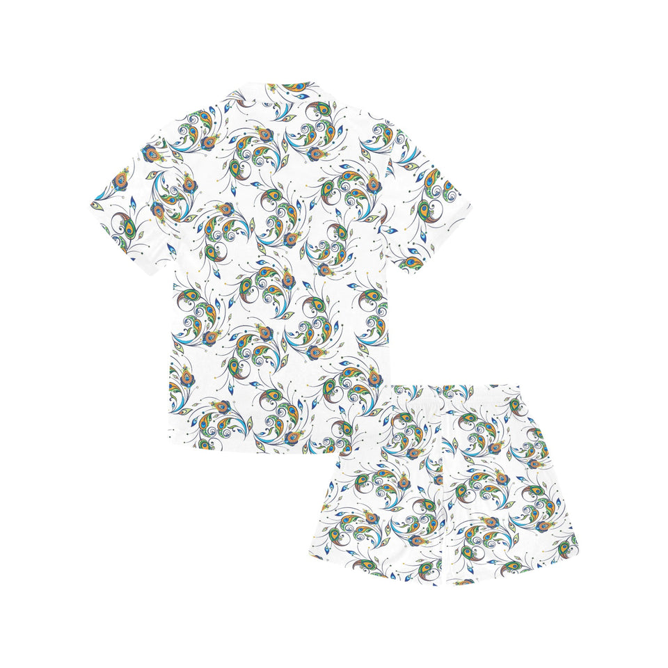 Peacock feather pattern Kids' Boys' Girls' V-Neck Short Pajama Set