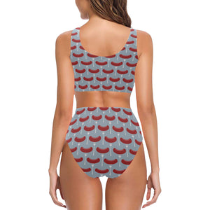 Sausage Pattern Print Design 02 Chest Bowknot High Waisted Bikini Swimsuit