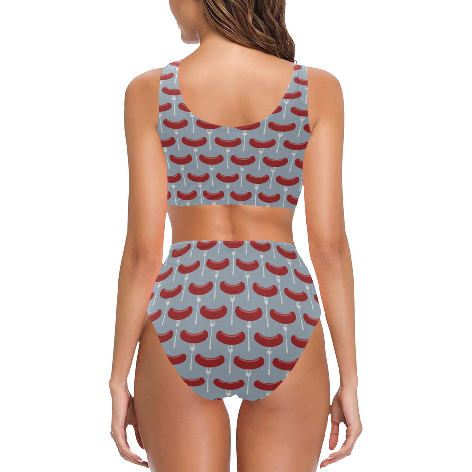 Sausage Pattern Print Design 02 Chest Bowknot High Waisted Bikini Swimsuit