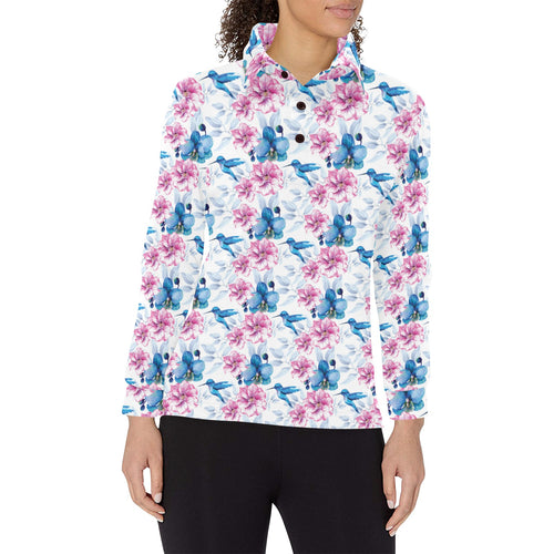 Hummingbird Pattern Print Design 02 Women's Long Sleeve Polo Shirt