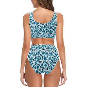 Hibiscus Pattern Print Design 04 Chest Bowknot High Waisted Bikini Swimsuit